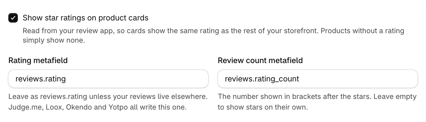 The star rating settings