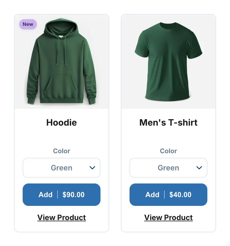Product cards in the bundle builder, one with a New badge