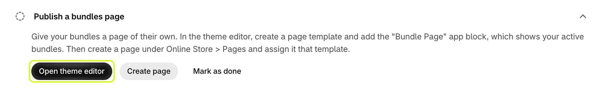 The Publish a bundles page task with its Open theme editor button