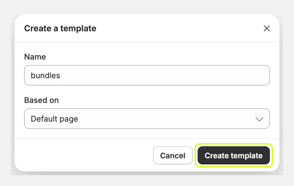 Creating a page template named bundles in the theme editor