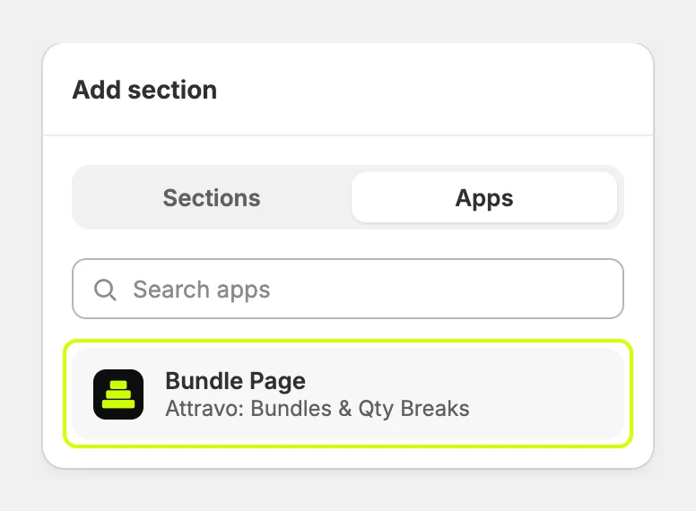 Bundle Page under Apps in the Add section menu