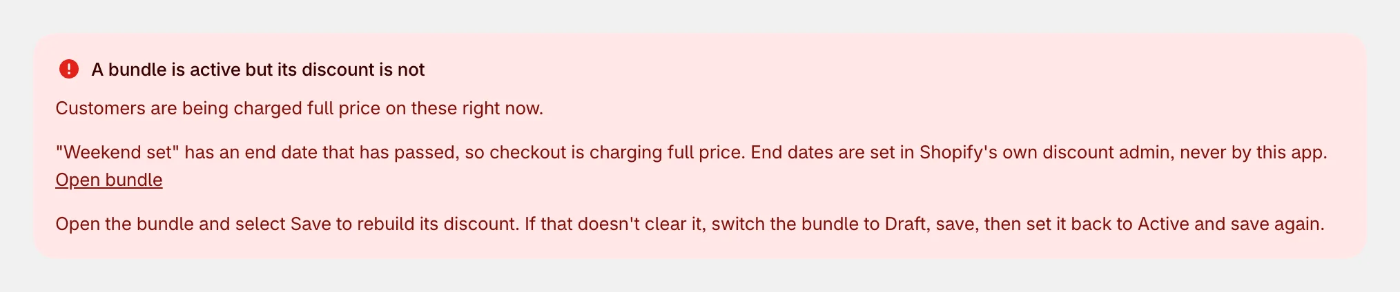 The Bundles page warning about a discount that isn't applying