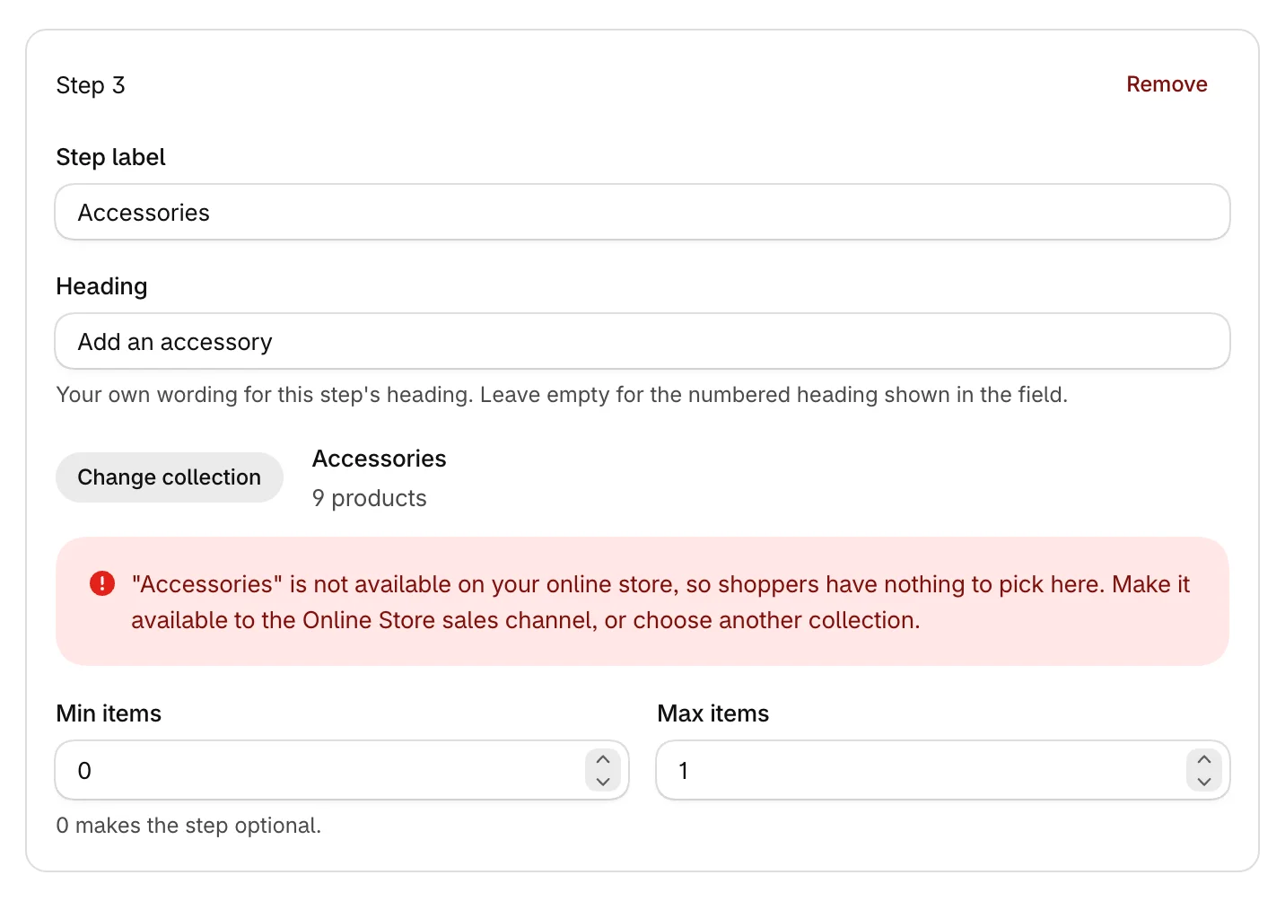 A step warning that its collection isn't on the online store