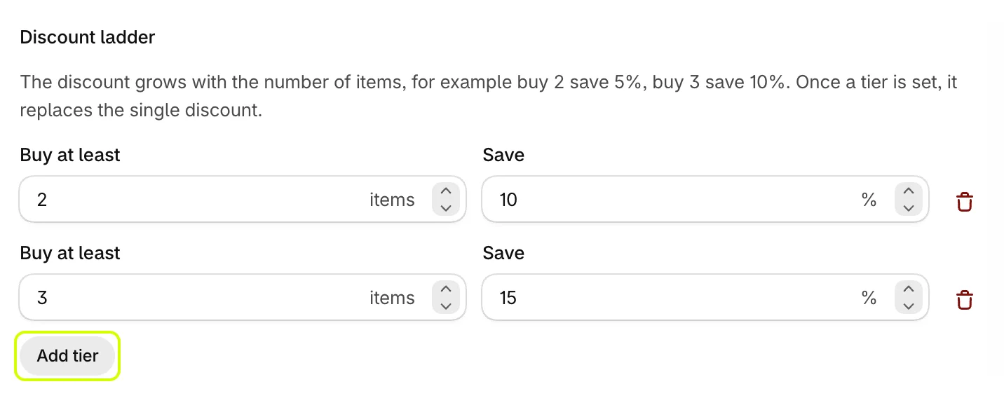 Two discount tiers: buy 2 save 10%, buy 3 save 15%