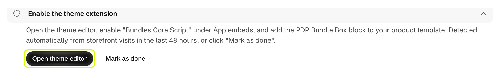 The Enable the theme extension task with its Open theme editor button