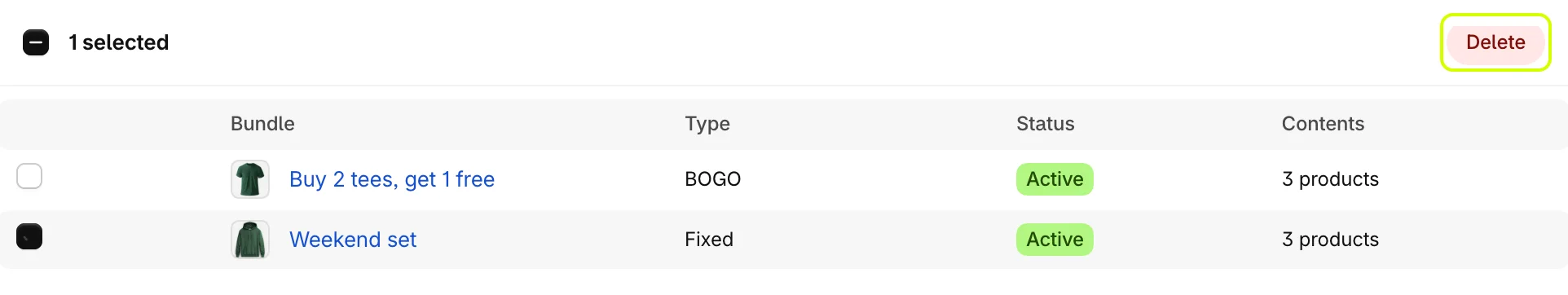 One bundle selected, with the Delete button