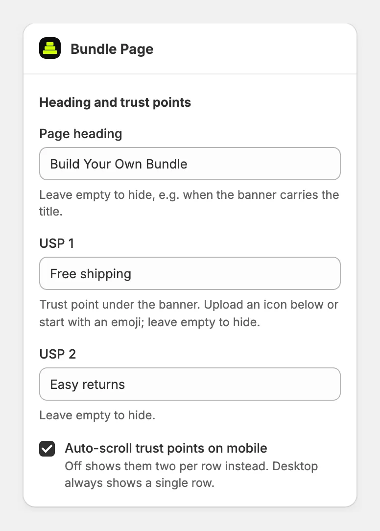 The Page heading and trust point settings