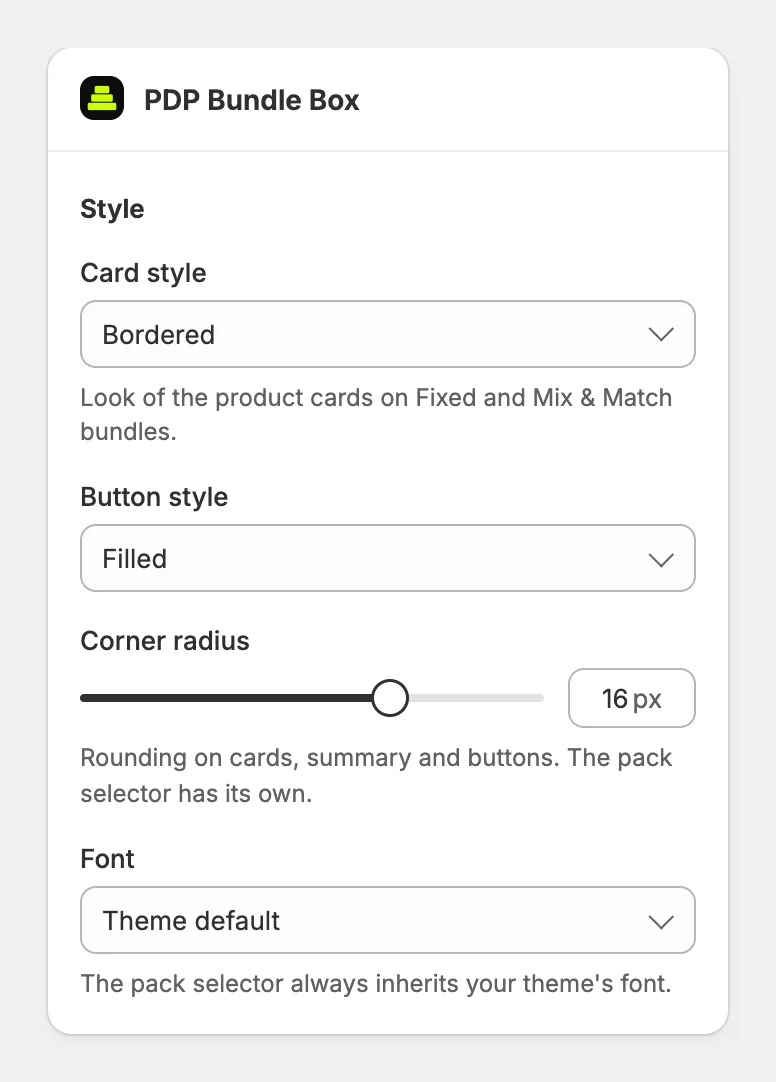 The Style settings of the PDP Bundle Box block