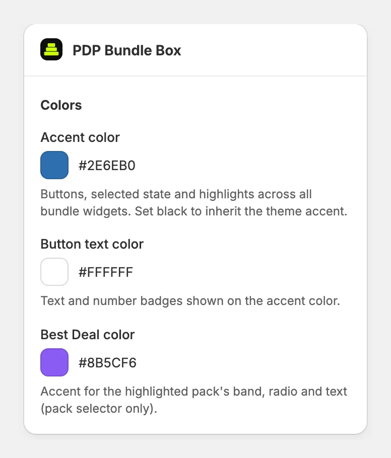 The Colors settings of the PDP Bundle Box block