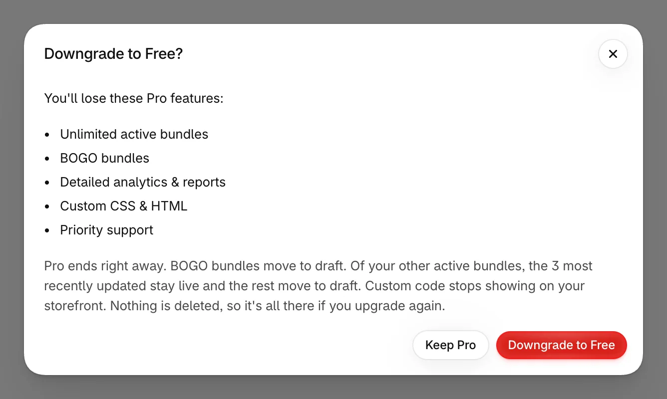 The Downgrade to Free confirmation