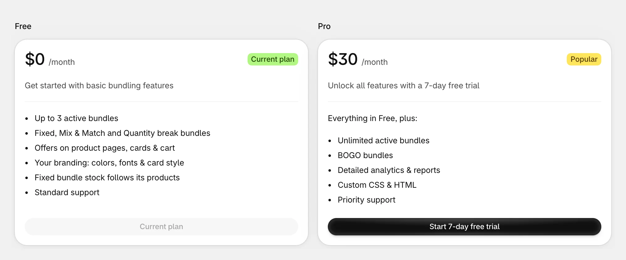 The Free and Pro plans on the Plans page