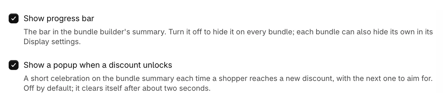 The Display options: Show progress bar and Show a popup when a discount unlocks