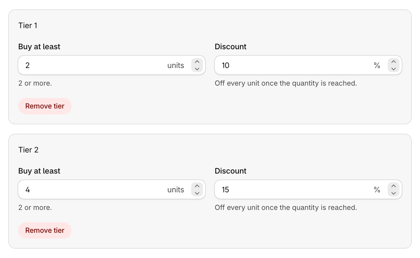 The first two tiers: buy 2 save 10%, buy 4 save 15%