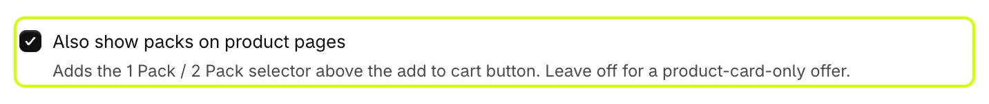 Also show packs on product pages turned on