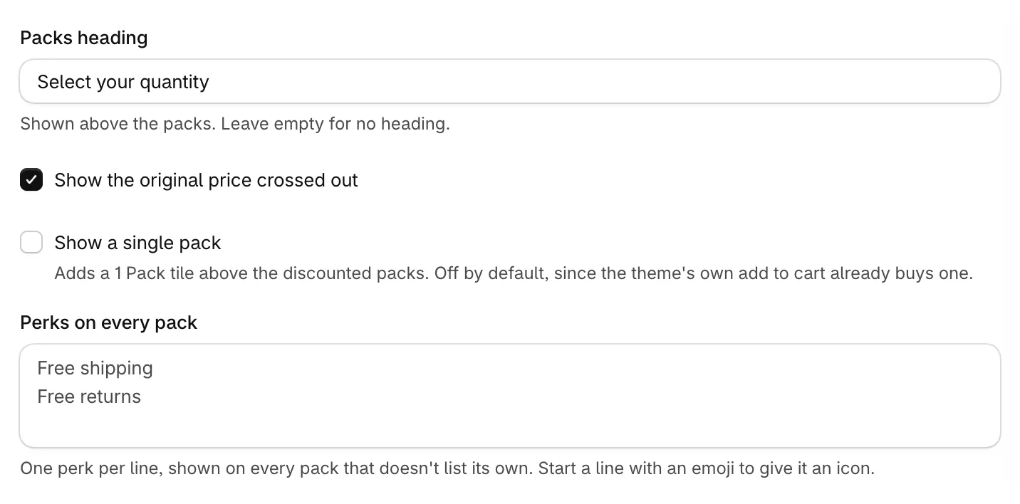 The pack options: heading, crossed-out price, single pack and perks
