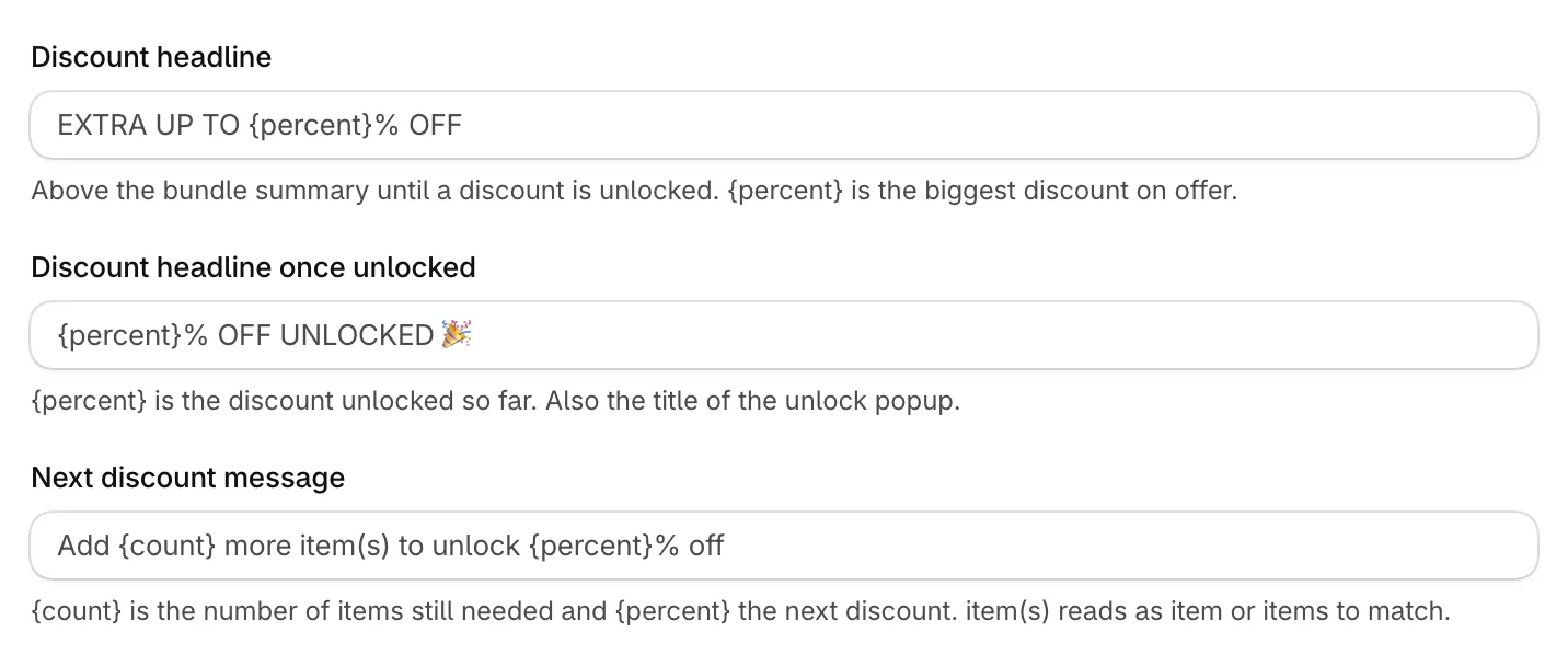 The discount message fields with their placeholders