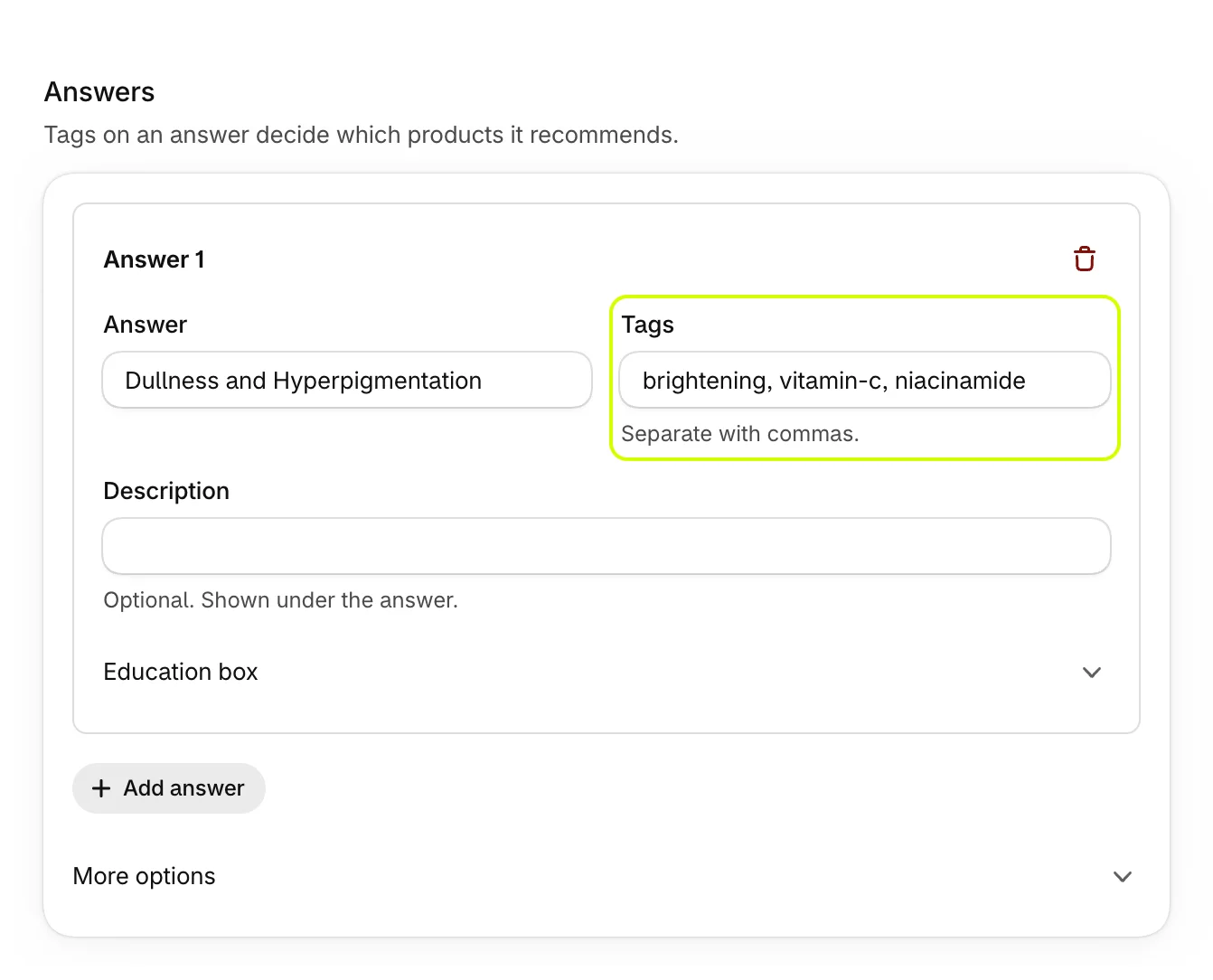 Answers, with Answer 1's Tags highlighted, then Add answer and More options
