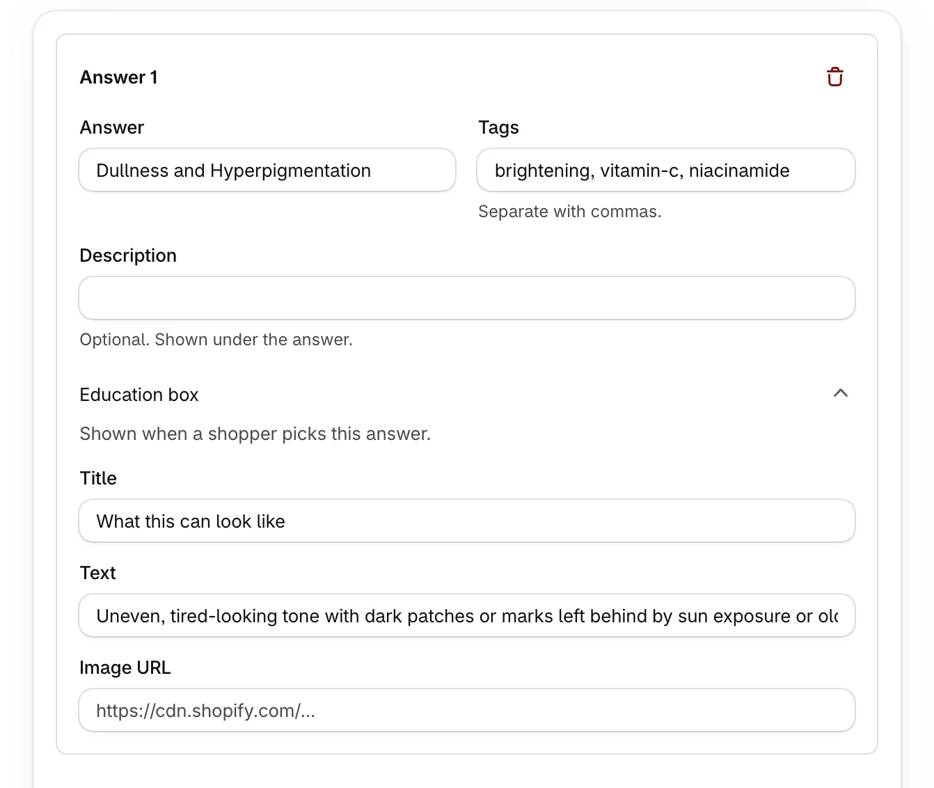 Answer 1 with its Education box open: Title, Text and Image URL