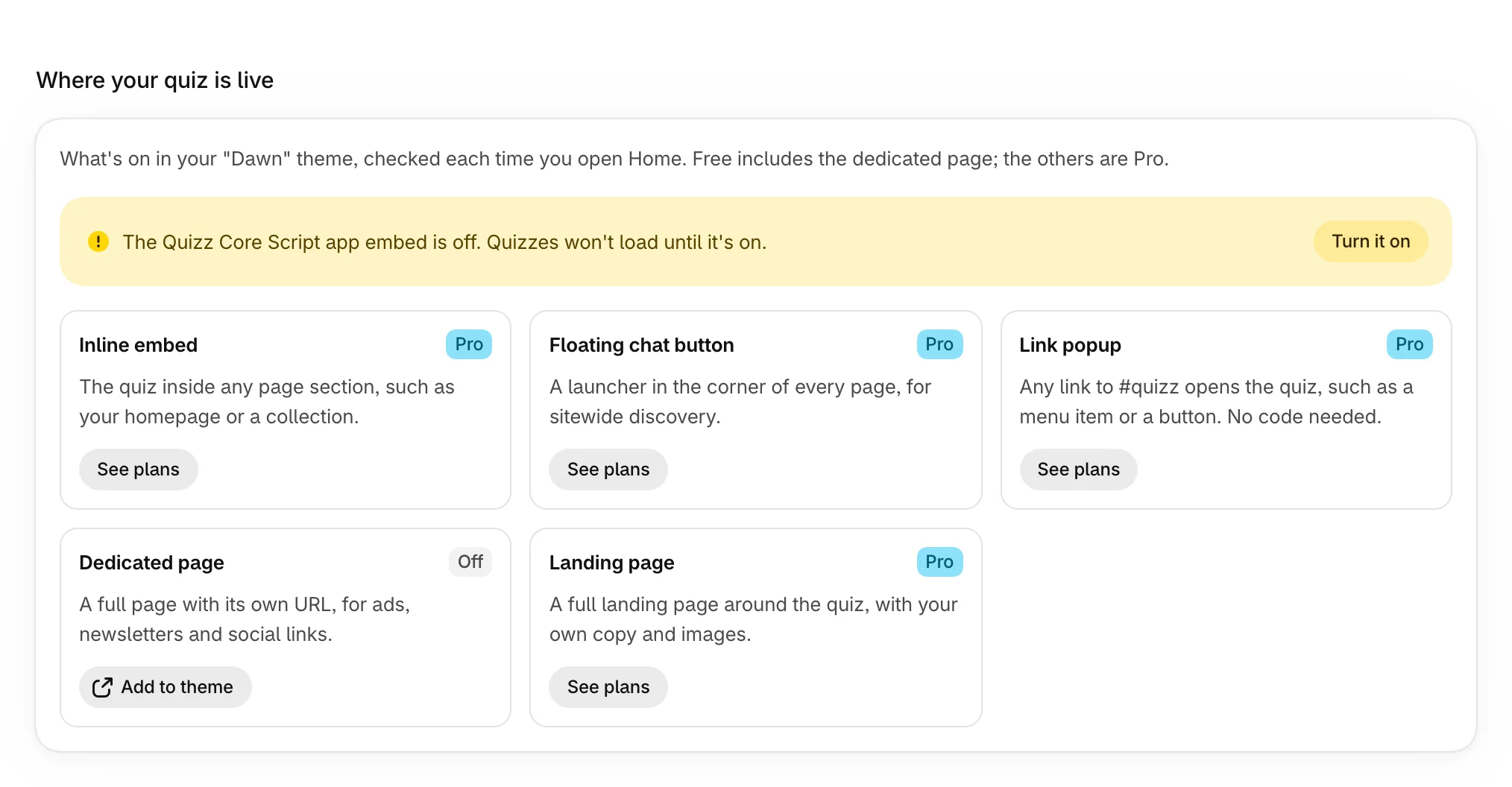 Where your quiz is live, with The Quizz Core Script app embed is off and Turn it on