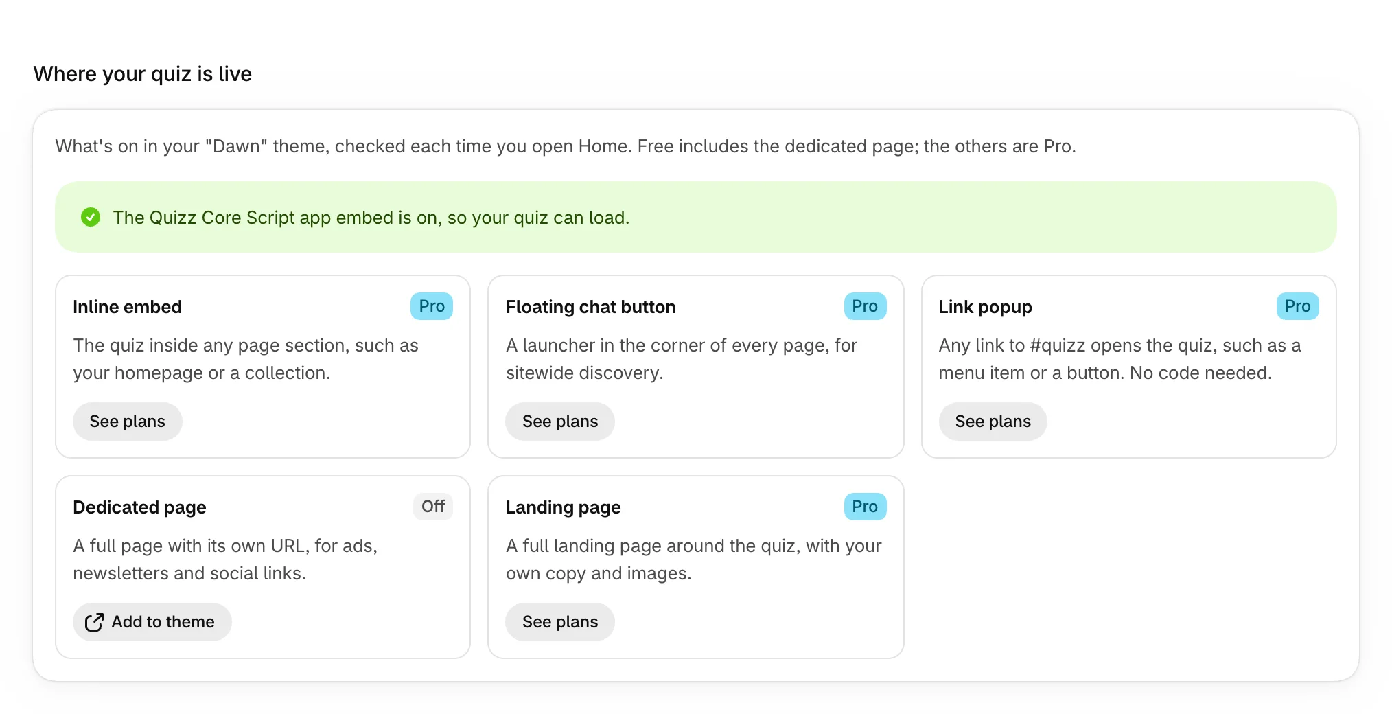 Where your quiz is live with the app embed on