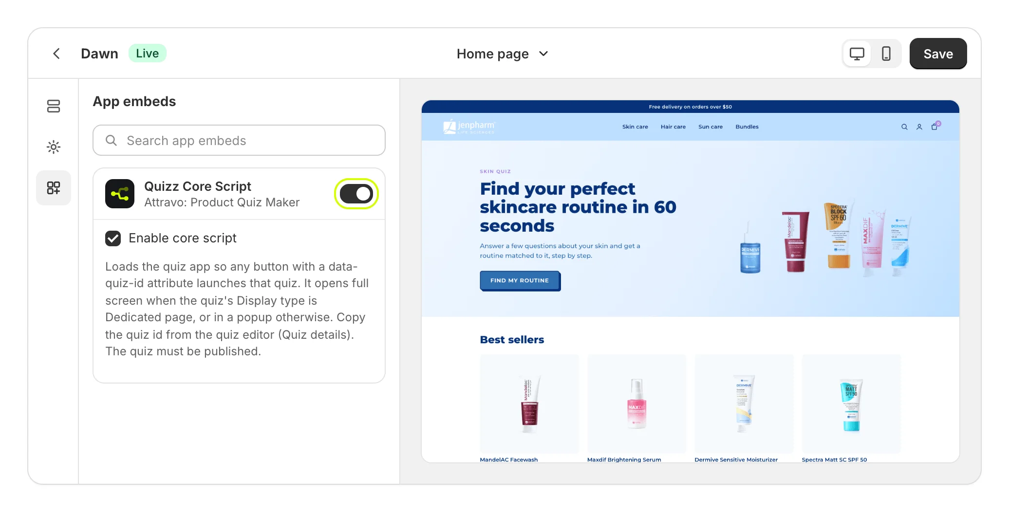 App embeds with Quizz Core Script on