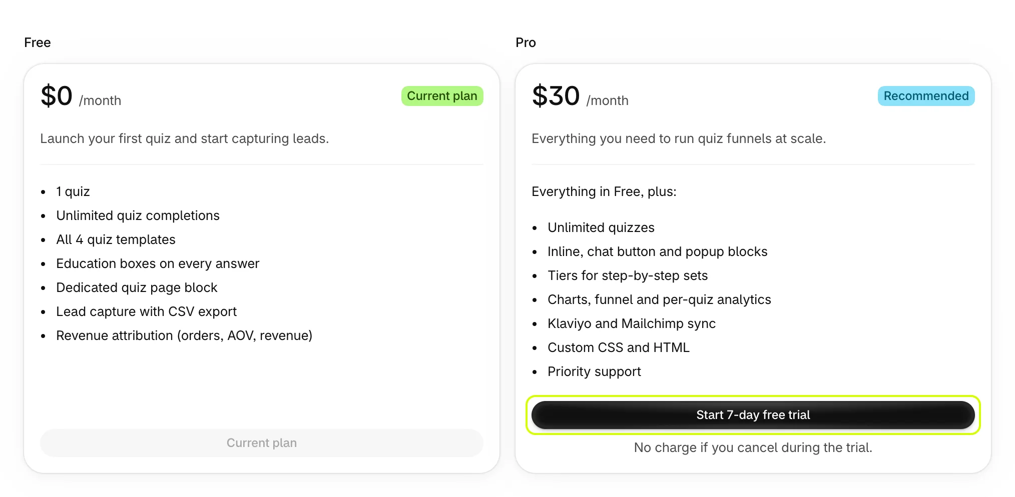 Plans, with Start 7-day free trial highlighted on Pro