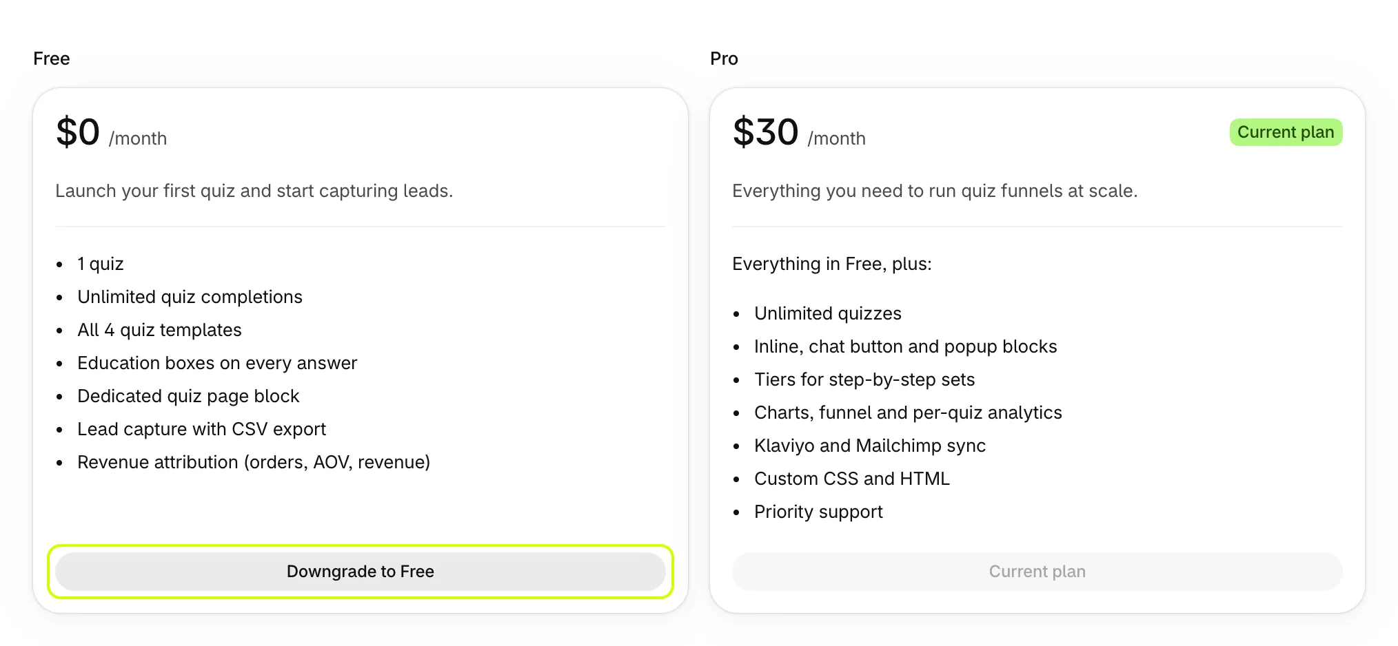 Plans on Pro, with Downgrade to Free highlighted