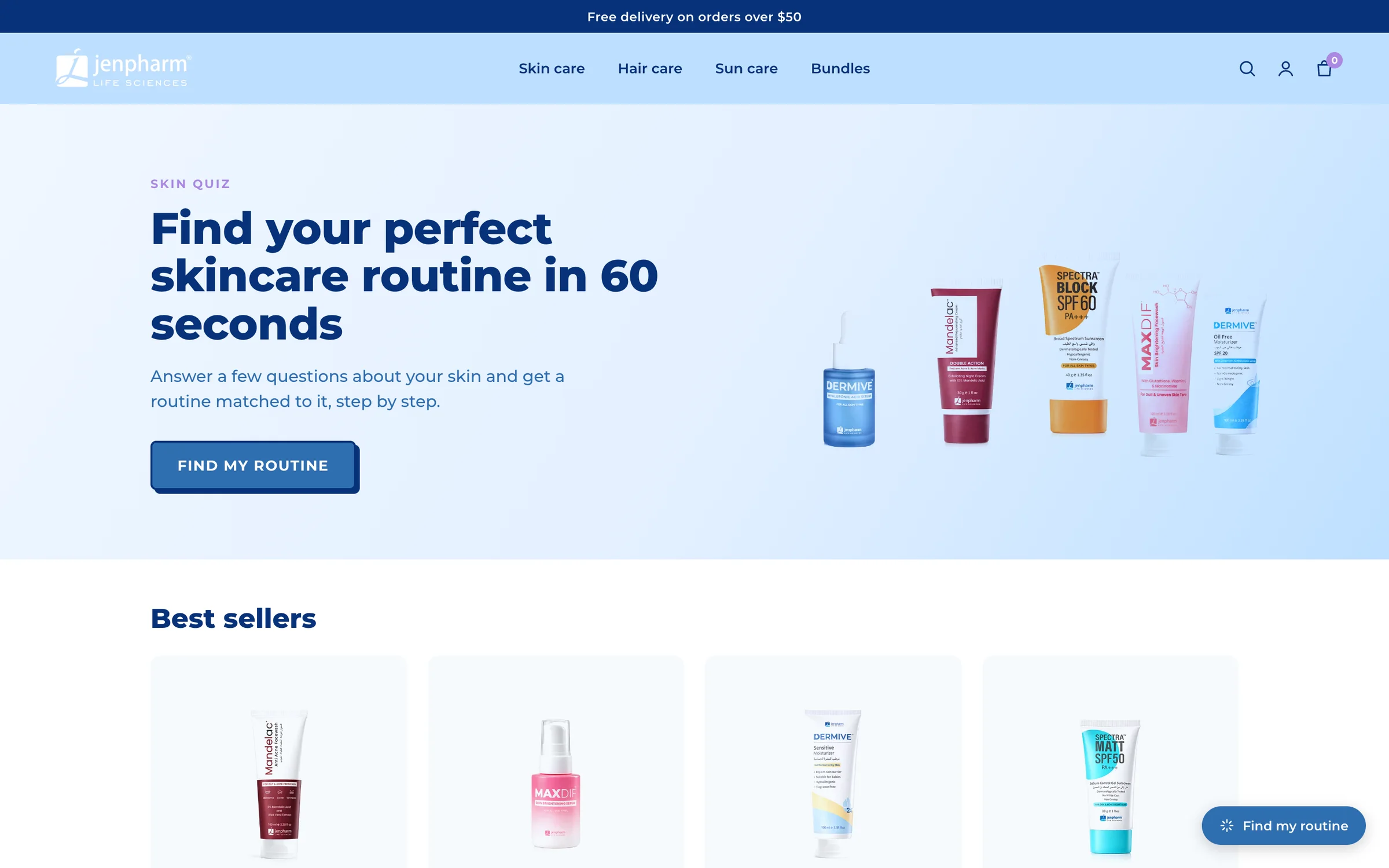 A store page with the Find my routine button in the bottom right corner