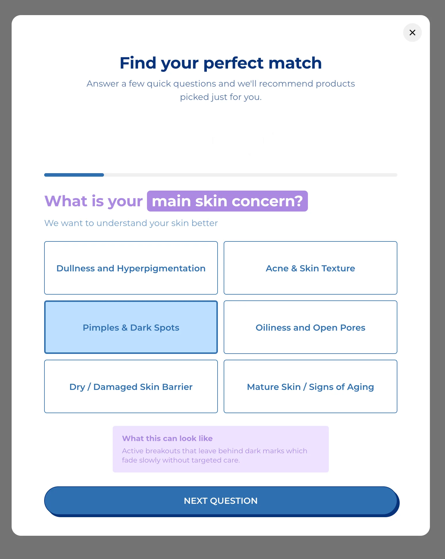 The popup with Find your perfect match above the first question, an answer picked and its education box