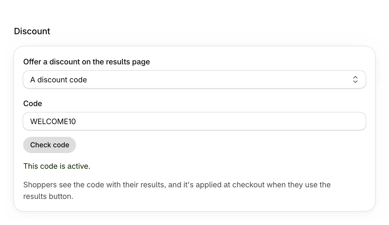 Discount, set to A discount code with WELCOME10, and This code is active.