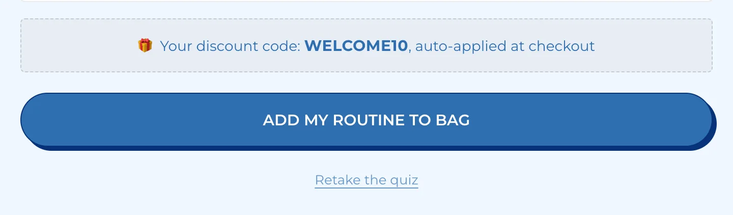 The results page with Your discount code: WELCOME10, auto-applied at checkout