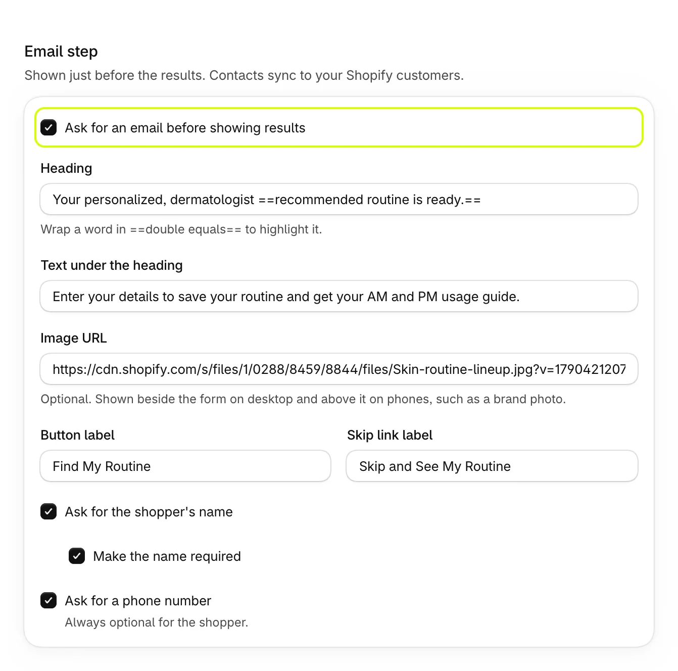 Email step, with Ask for an email before showing results highlighted