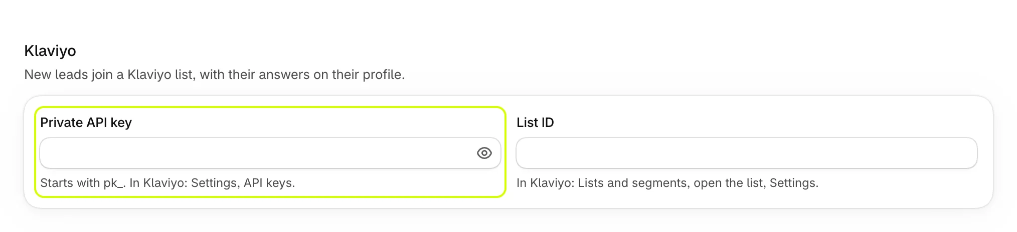Klaviyo, with Private API key highlighted next to List ID