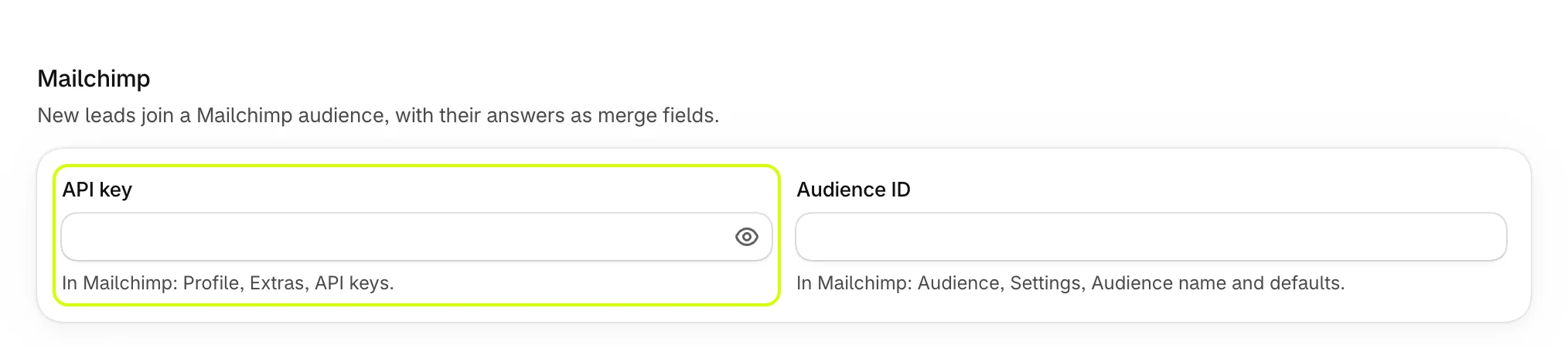 Mailchimp, with API key highlighted next to Audience ID