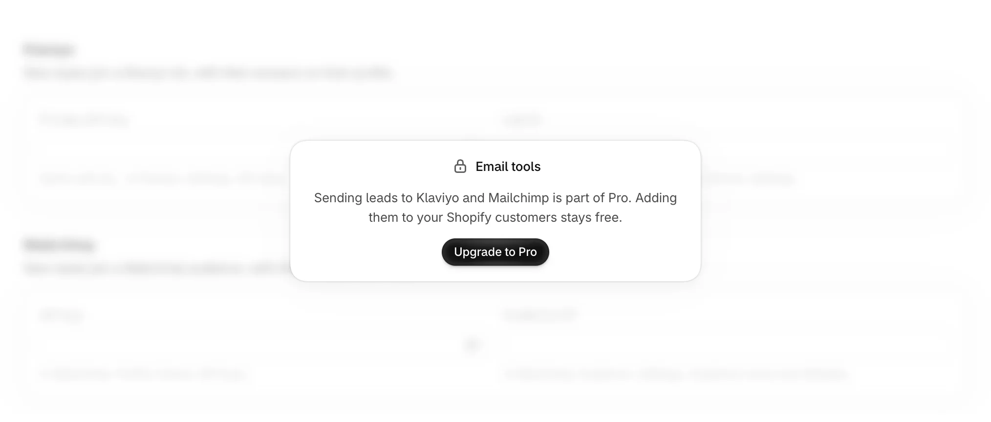 Klaviyo and Mailchimp locked on the Free plan, with Upgrade to Pro