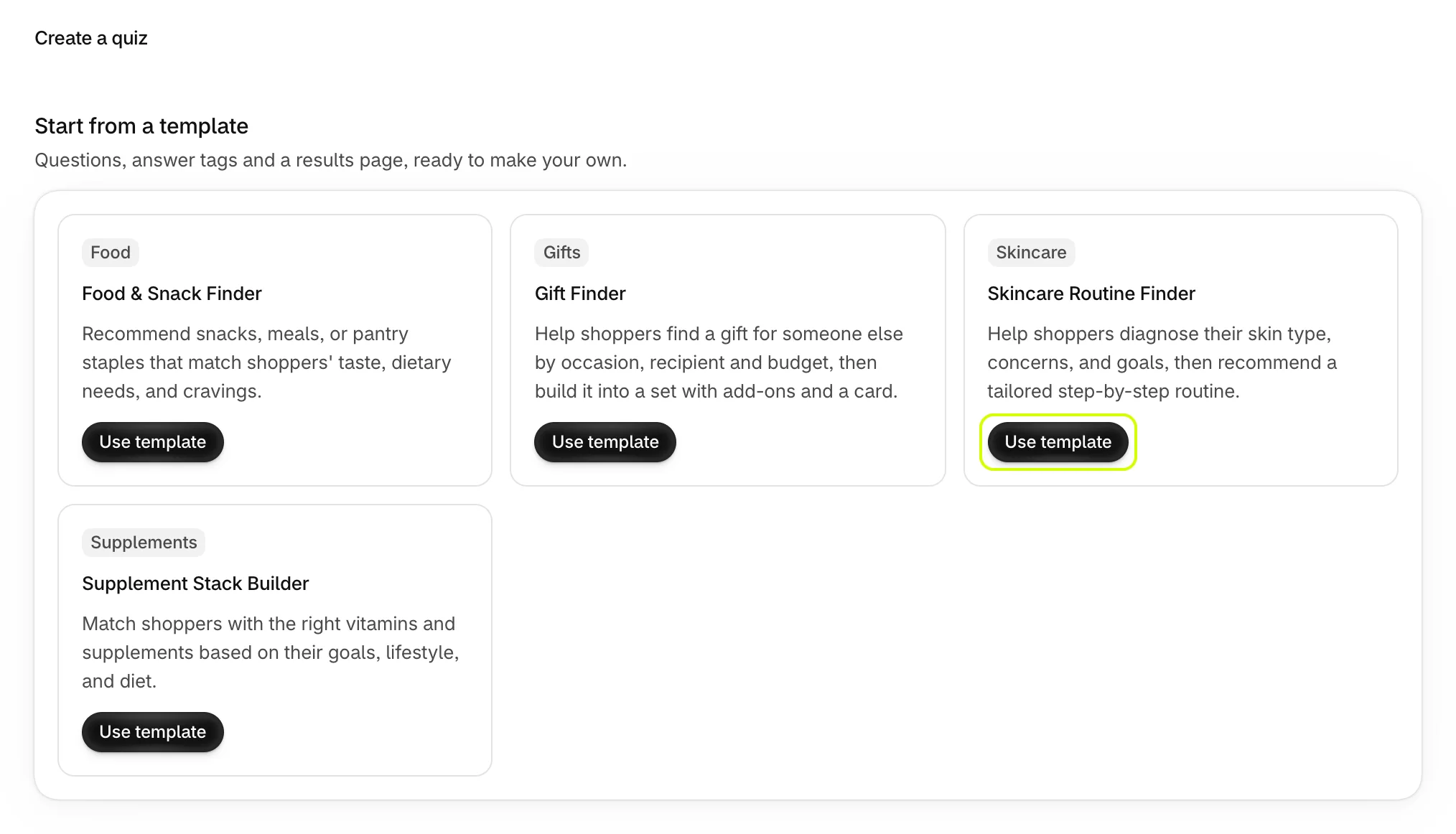Create a quiz, with Use template highlighted on the Skincare Routine Finder template