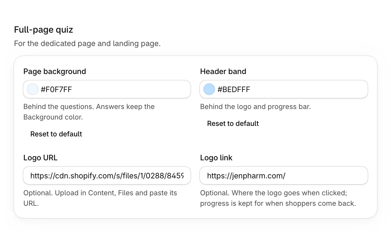 Full-page quiz: Page background, Header band, Logo URL and Logo link