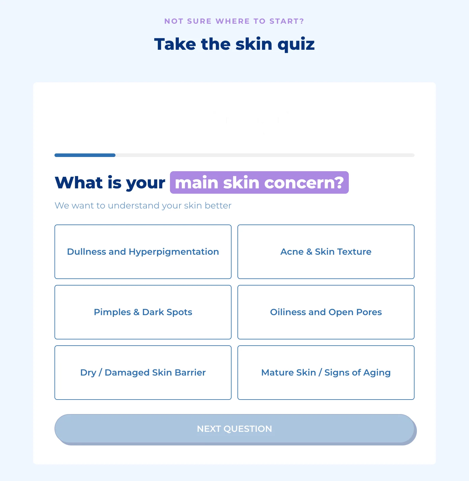 A quiz inside the home page on a computer, under Take the skin quiz