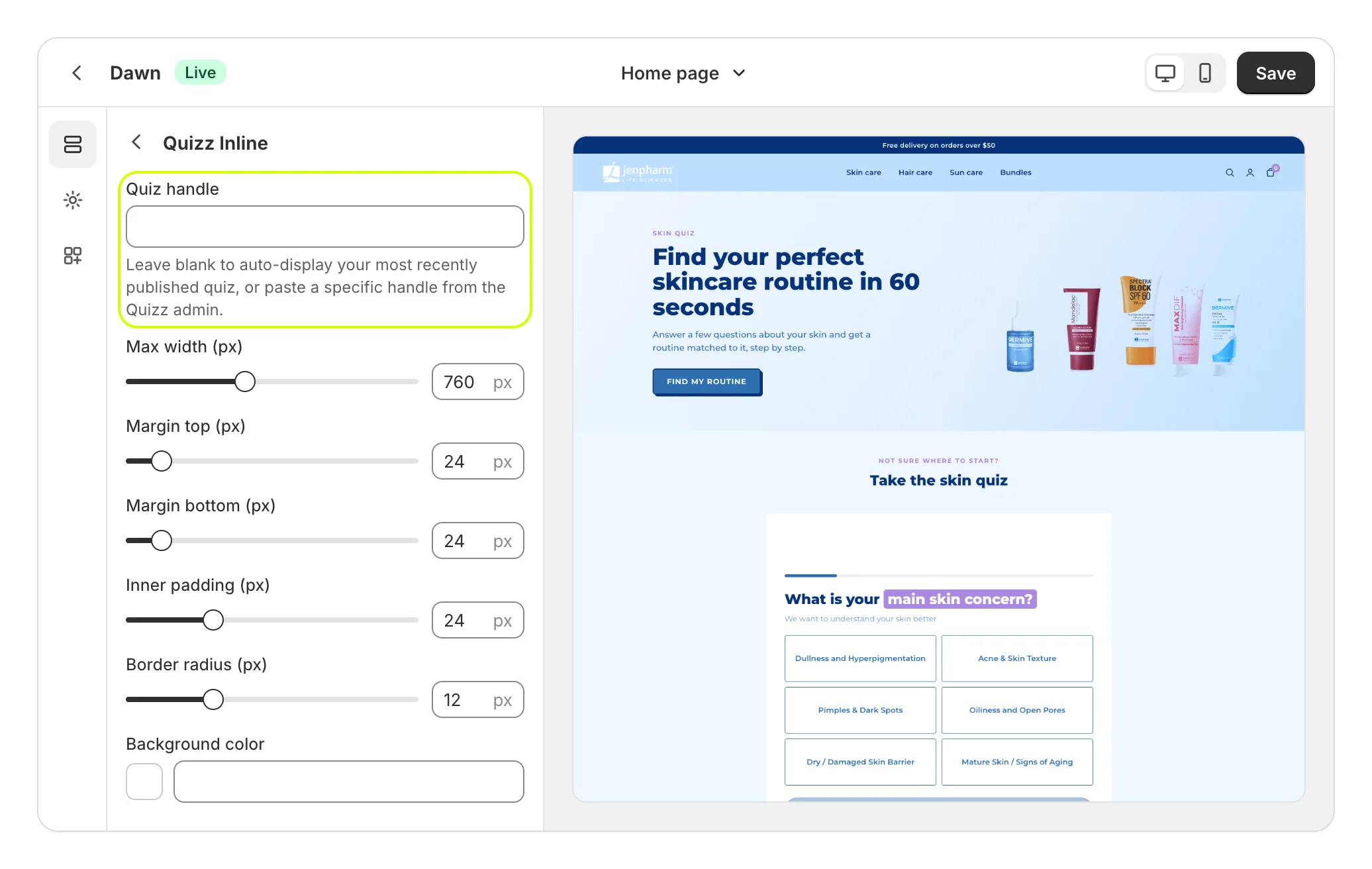 Quizz Inline settings, with Quiz handle highlighted, beside the quiz in the preview
