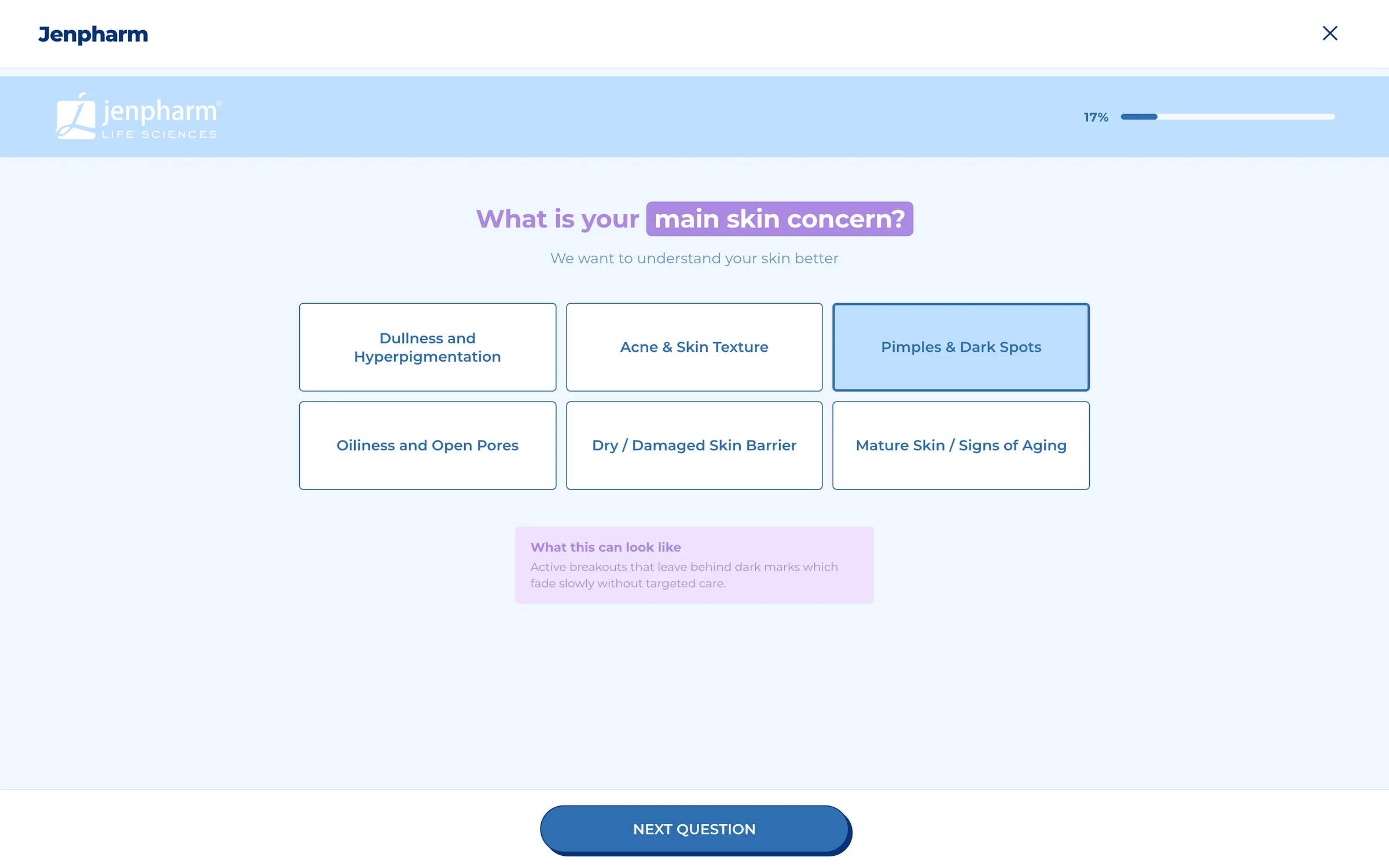 The quiz open full screen, with the brand name and a close button, and an answer picked with its education box