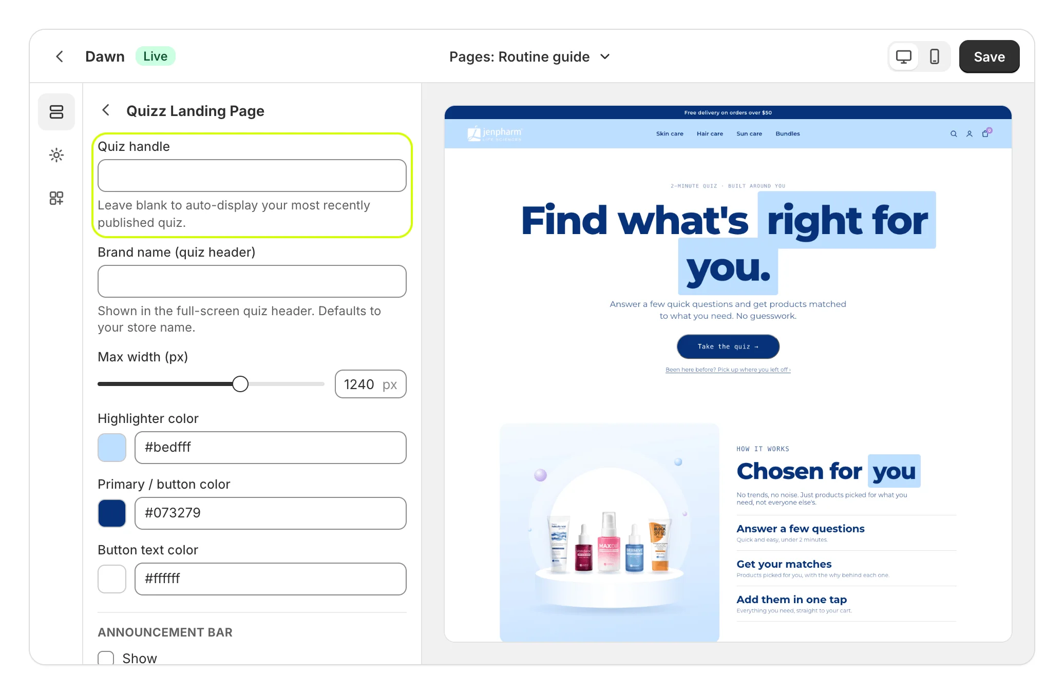 Quizz Landing Page settings, with Quiz handle highlighted, beside the hero in the preview