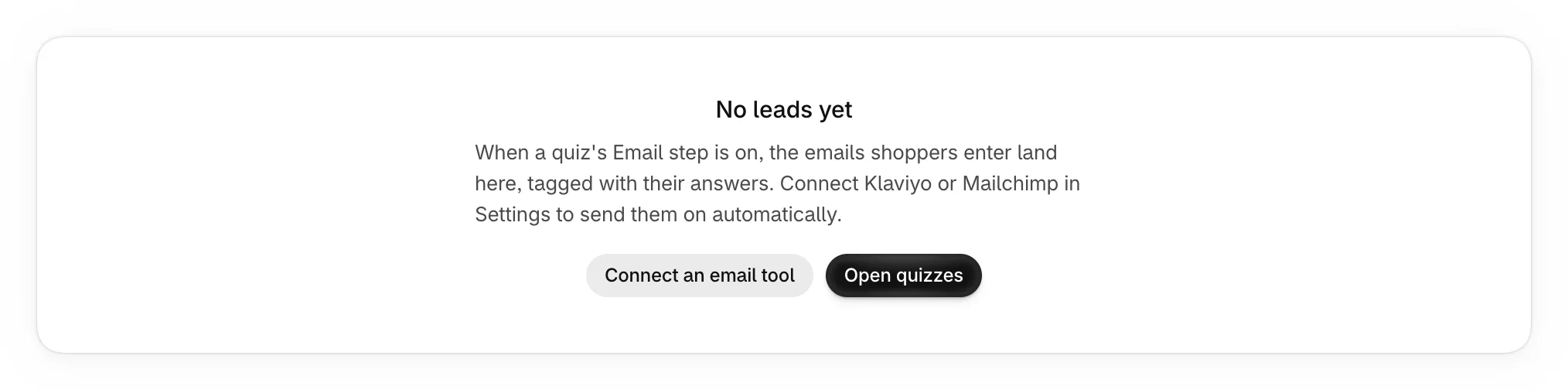 No leads yet, with Open quizzes and Connect an email tool