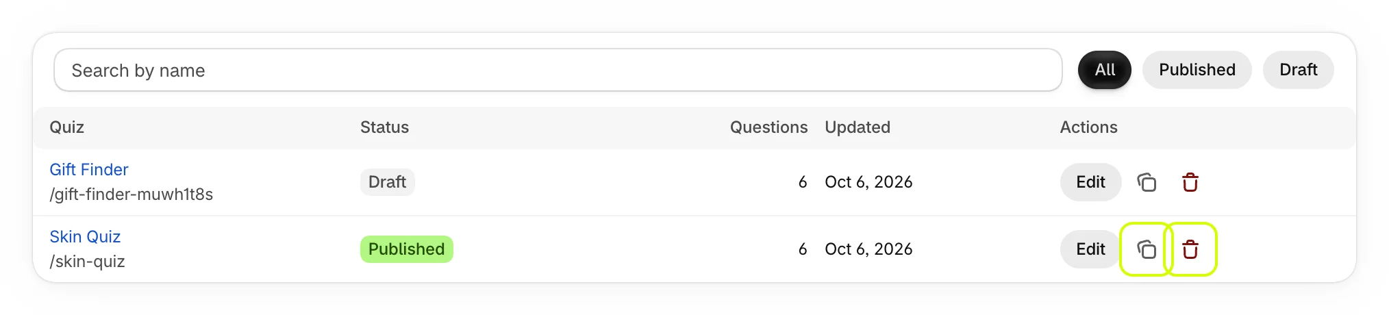 A quiz's row with its duplicate and delete buttons highlighted