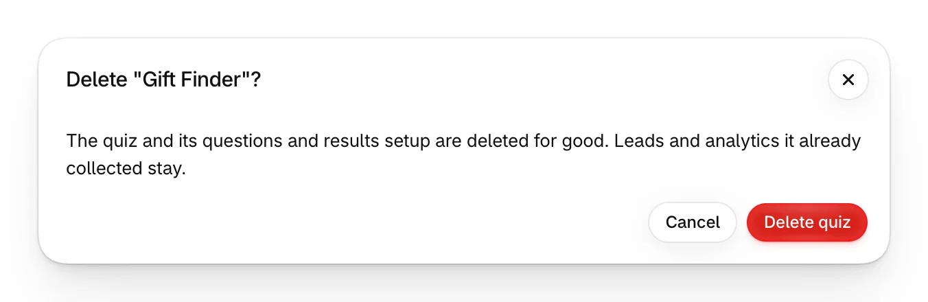 Delete "Gift Finder"? with Cancel and Delete quiz