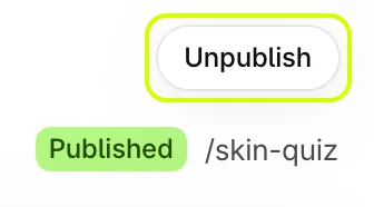 Unpublish highlighted above the Published badge and the quiz's handle