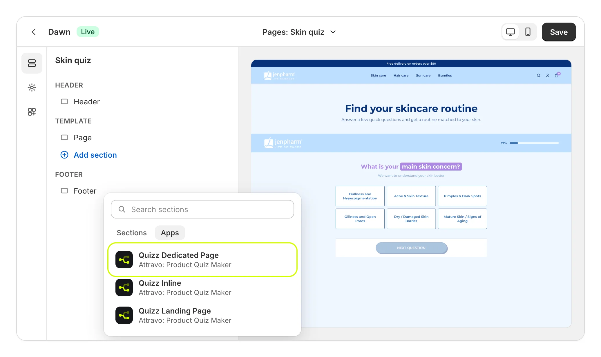 The theme editor's Add section list on the Apps tab, with Quizz Dedicated Page highlighted