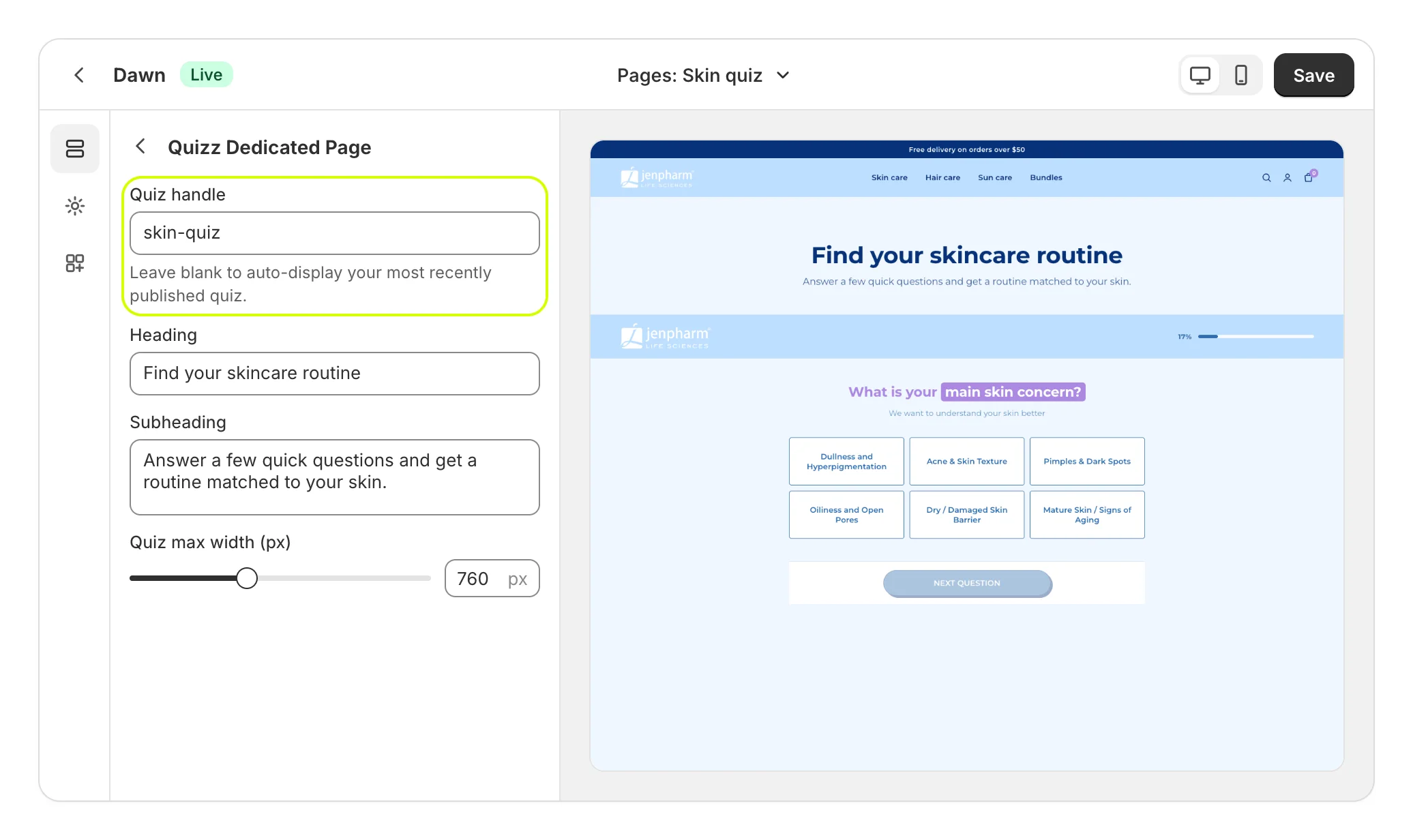 Quizz Dedicated Page settings with Quiz handle highlighted, and the quiz in the preview