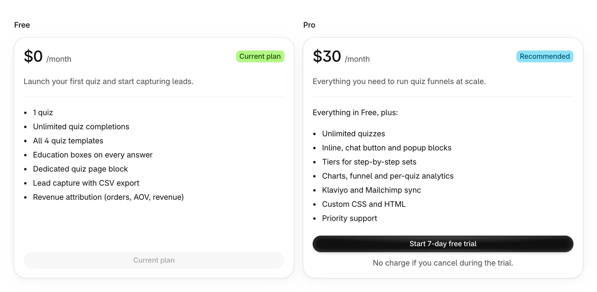 Plans: Free at $0 a month and Pro at $30 a month