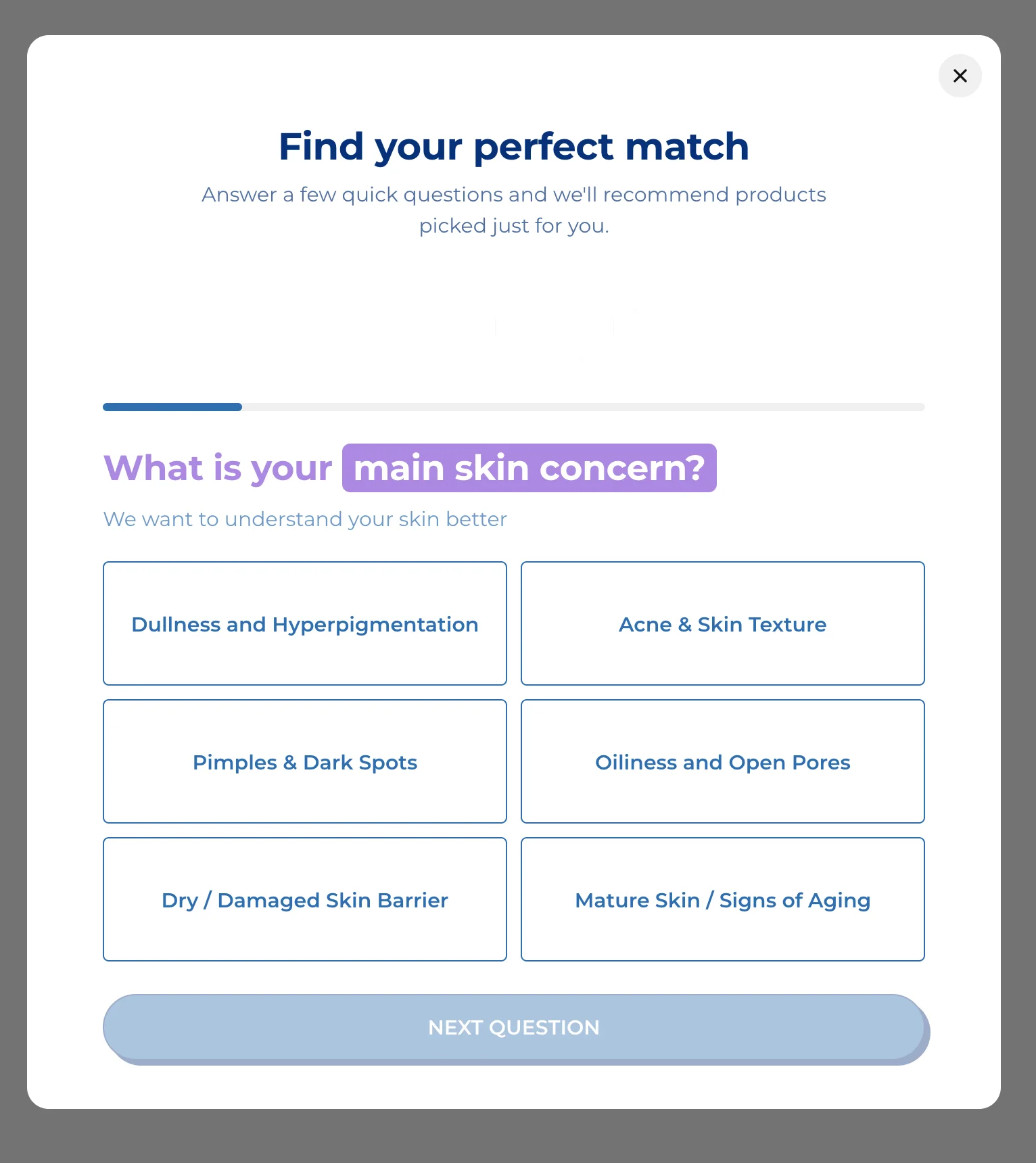 The popup open with Find your perfect match above the first question