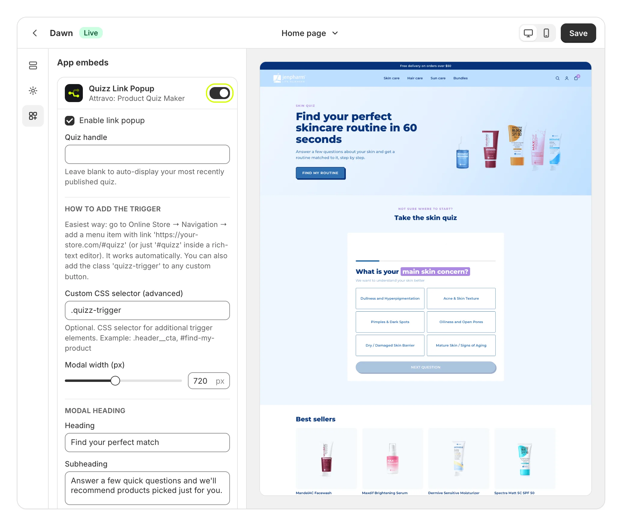 App embeds with Quizz Link Popup on and its settings open